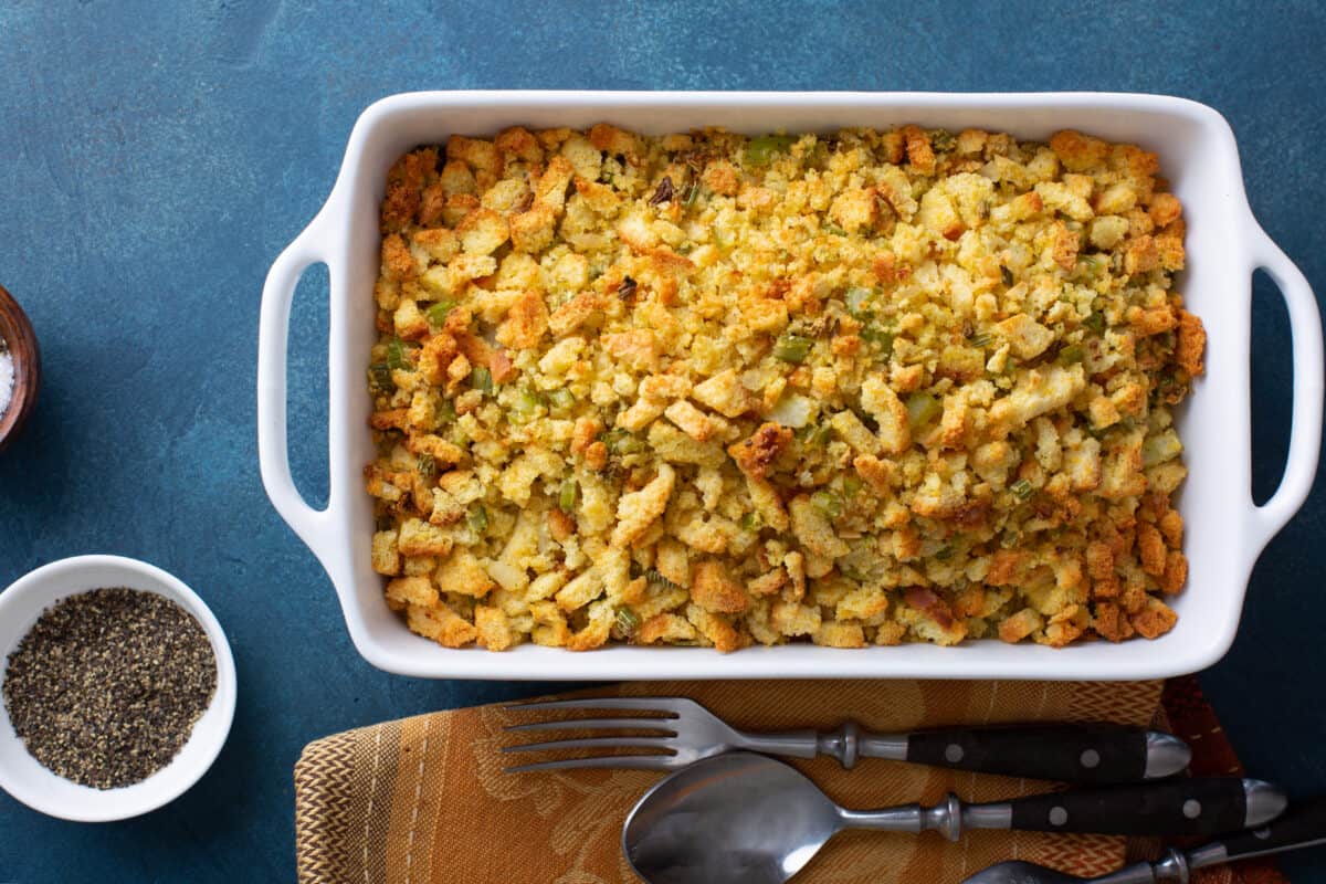 Green Onion Cornbread Stuffing - large baking dish of cooked stuffing