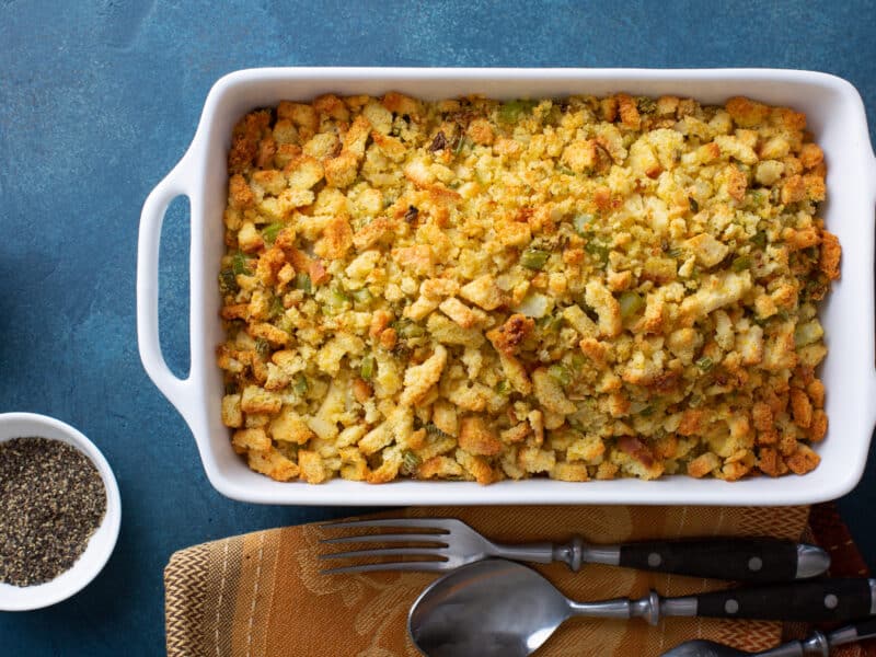 Green Onion Cornbread Stuffing - large baking dish of cooked stuffing