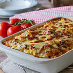 Delicious homemade Italian gratin dish with home-cooked bolognese sauce and bechamel sauce topped with mozzarella cheese and served in a white baking dish on rustic table background. Closeup view