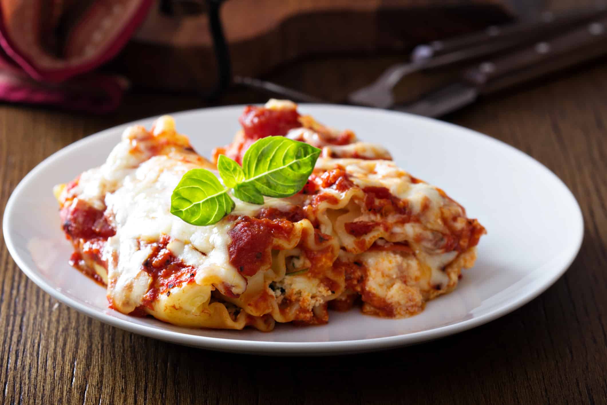 Lasagna rolls with tomato sauce, ricotta and pepperoni