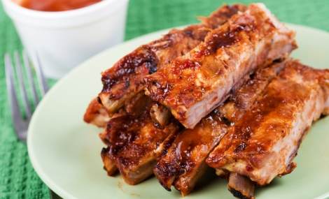 Closeup of barbecued pork ribs on a plate