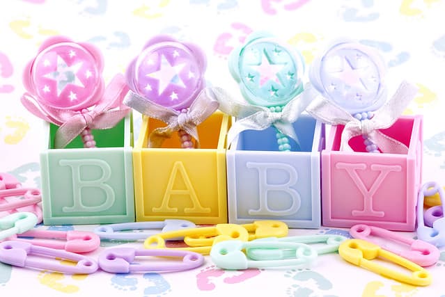 shower, decorations, blue, celebration, pink, yellow, pastel, letters, blocks