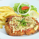 Mozzarella Fried Chicken. served with french fries, lettuce and onion slices