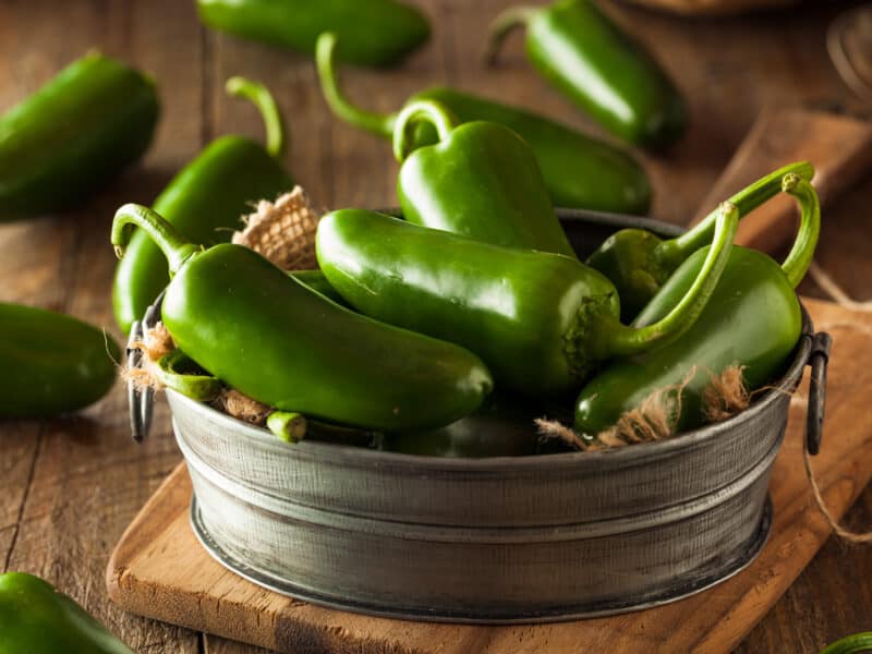 Jalapeno Cornbread Stuffing - small metal bucket of jalapeño peppers