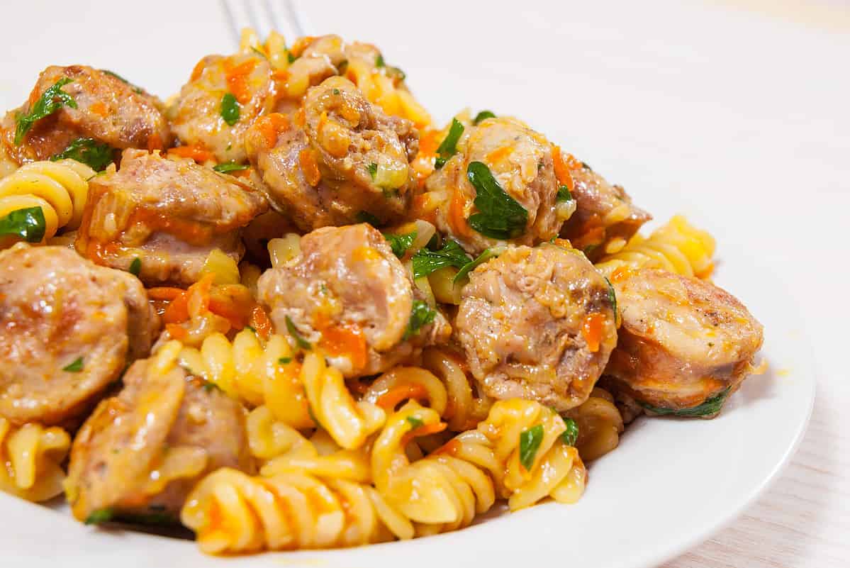 Fusilli pasta with sausage and vegetables