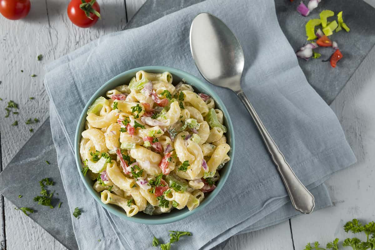 Yummy Homemade Macaroni Salad with Tomato Onion Celery and Parsley