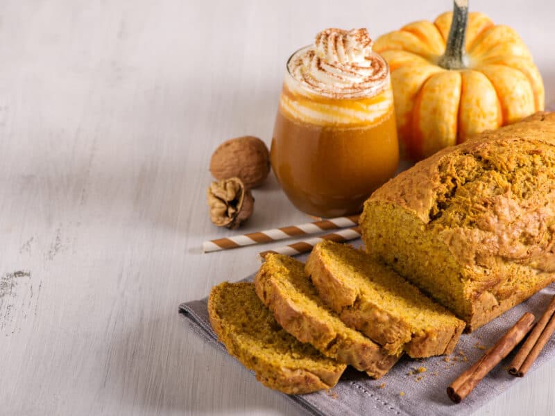 Thanksgiving pumpkin bread - Pumpkin bread, a pumpkin drink, and tiny pumpkin