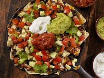 southwestern skillet, Nacho Chip, Cast Iron, High Angle View, Mexican Food, Sour Cream